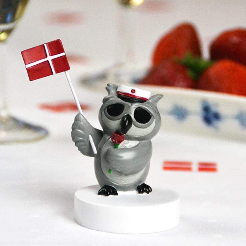 Studentgave ugle med rose, flag og rød hue