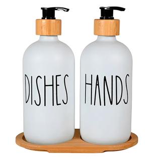 Sæbedispenser, hvid glas, Deko tekst, 2x 500 ml