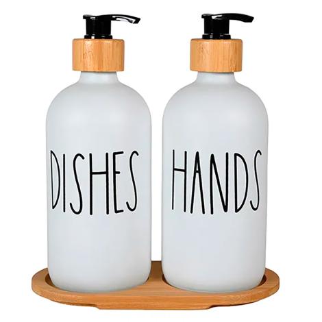 Sæbedispenser, hvid glas, Deko tekst, 2x 500 ml