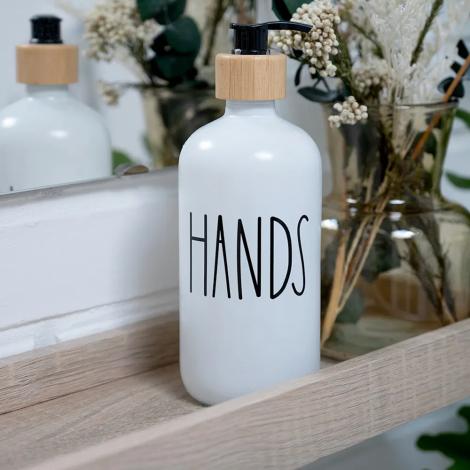 Sæbedispenser, hvid glas, Deko tekst, 2x 500 ml