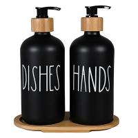 Sæbedispenser, sort glas, Deko tekst, 2x 500 ml