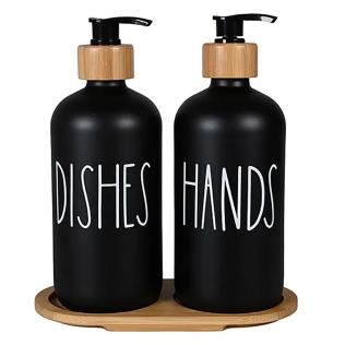 Sæbedispenser, sort glas, Deko tekst, 2x 500 ml