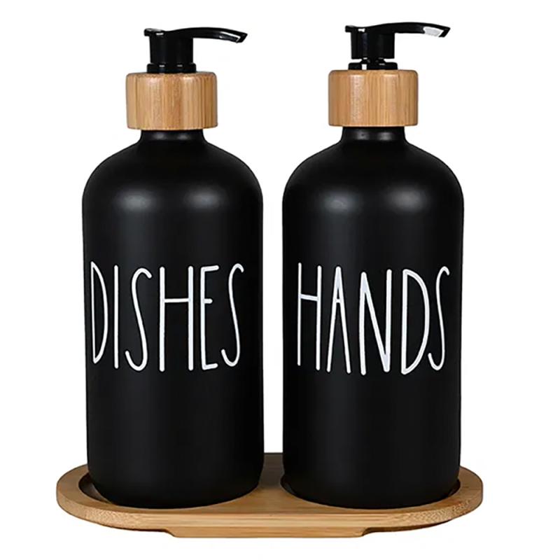 Sæbedispenser, sort glas, Deko tekst, 2x 500 ml