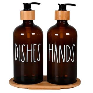Sæbedispenser, brun glas, Deko tekst, 2x 500 ml