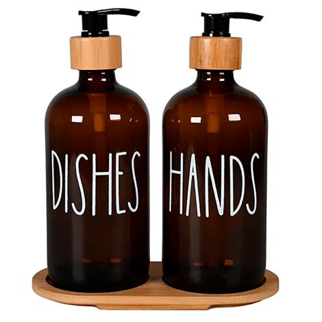 Sæbedispenser, brun glas, Deko tekst, 2x 500 ml