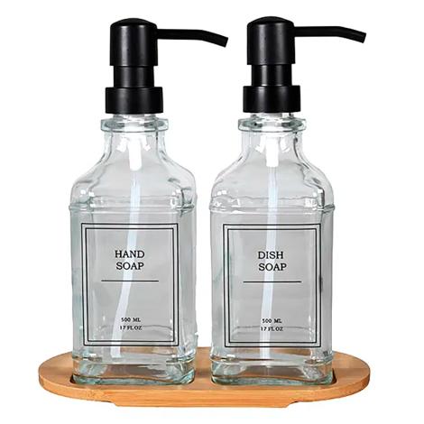 Sæbedispenser, klar glas, Deko tekst, 2x 500 ml